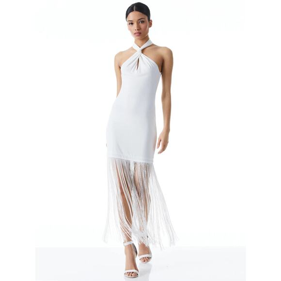 RARE! ALICE AND OLIVIA STEPH TWISTED NECK FRINGE COCKTAIL WEDDING DRESS SZ 4 - Picture 2 of 6